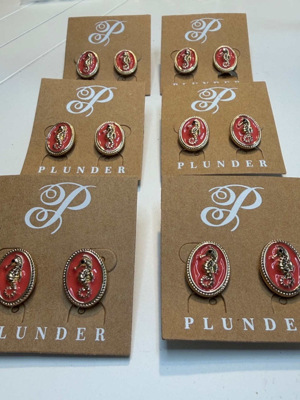 Plunder 6 Coral Seahorse Oval Earrings with Gold Accents
